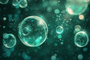 Wall Mural - abstract floating green glowing bubbles with light particles on dark background generative ai