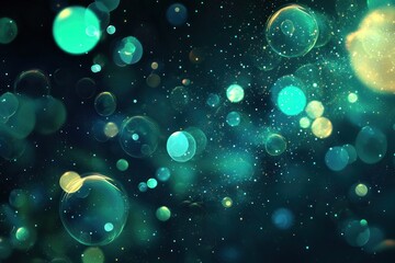 Wall Mural - abstract floating green glowing bubbles with light particles on dark background generative ai