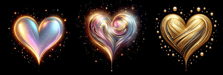 Wall Mural - gold glitter hearts light shiny sparkling black background