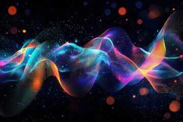 Wall Mural - colorful flowing waves with glowing bokeh and particles on a dark background generative ai