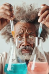 excited scientist mixing colorful solutions in laboratory setting