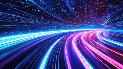 Wall Mural - Abstract neon blue and pink light trails in a futuristic tunnel Generative AI