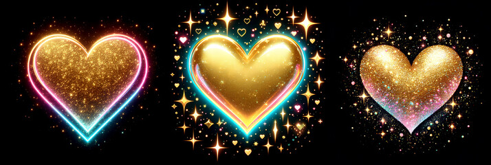 Wall Mural - gold glitter hearts light shiny sparkling black background