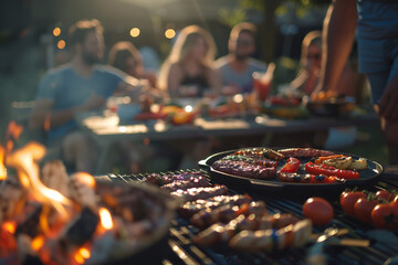 Wall Mural - Grilled meat and sausages on the grill with a group of happy friends having dinner party at patio garden fest ai generated