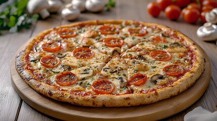 Freshly Baked Margherita Pizza on Wood Board With Tomatoes and Mushrooms in Background