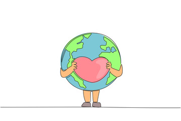 Canvas Print - Single continuous line drawing globe holds the heart logo with both hands. Loving the earth is like loving yourself. Always take care of the earth. Saving planet. One line design vector illustration