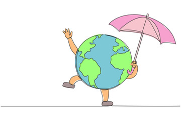 Wall Mural - Continuous one line drawing globe holding an umbrella. Protects the earth's ozone layer from perforating. The air remains healthy. No extreme weather. Single line draw design vector illustration