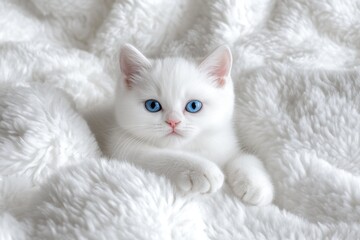 Adorable blue-eyed white kitten lounging on soft blanket