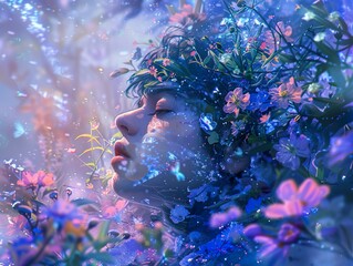 Poster - Dreamy Woman Surrounded by Flowers - Fantasy Art