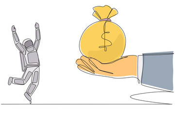 Wall Mural - single one line drawing astronaut was excited to get the money bag from giant hand. lots of cash. en