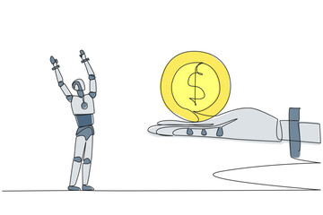 Wall Mural - single one line drawing a smart robot excited to get dollar symbol coin from a giant hand. intellige