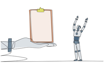 Wall Mural - single continuous line drawing a smart robot was excited to get the clipboard from the giant hand. m