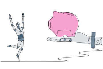 Wall Mural - Single one line drawing a robot happy to get a piggy bank from giant hand. Invest in algorithm testing. Artificial intelligence is increasing. Future tech. Continuous line design graphic illustration