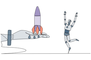 Wall Mural - single continuous line drawing a smart robot is happy to get rocket from the giant hand. futuristic 