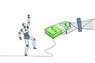 Wall Mural - Single one line drawing a robot excited to get a stack of banknotes from giant hand. Success that makes money. Cost of upgrading requirements. Future tech. Continuous line design graphic illustration