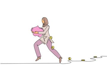 Wall Mural - single continuous line drawing arab businesswoman running carrying a piggy bank with coins scattered