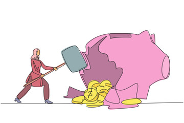 Wall Mural - Single one line drawing Arab businesswoman hit big piggy bank with big hammer until cracked. Coins scattered around. Financial plans in disarray. Problem. Continuous line design graphic illustration