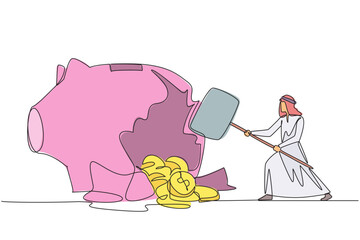 Wall Mural - single continuous line drawing arab businessman hit big piggy bank with big hammer until cracked. co