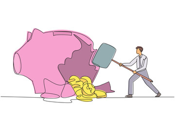 Wall Mural - Single one line drawing businessman hit big piggy bank with a big hammer until it cracked. Coins scattered around. Urgent needs. Save the office. Bankrupt. Continuous line design graphic illustration