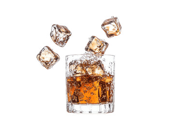 Poster - Ice Cubes Plunge into Whiskey:  A glass of amber whiskey with ice cubes splashing into it. The image captures the moment of refreshment with a sense of dynamism.  