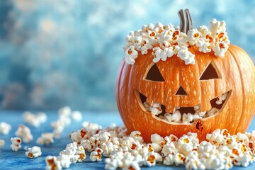 Wall Mural - Halloween pumpkin filled with popcorn on blue background