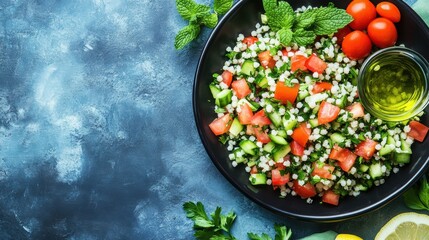 Fresh tabbouleh salad on rustic blue background