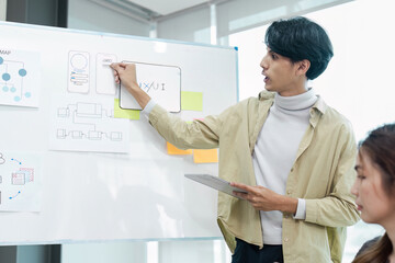 Wall Mural - young professional presenting ux ui design concepts on whiteboard in modern office setting