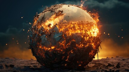 Wall Mural - Carbonized Earth globe destroyed by fire, collapsing and burning on glowing embers. Conceptual illustration of global warming on the planet  