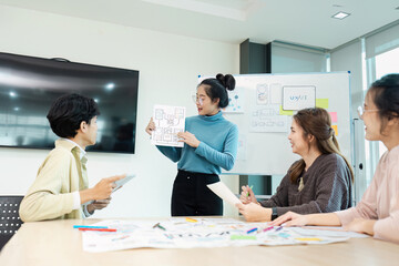 Wall Mural - team collaboration on ux ui design project in modern office setting with whiteboard and digital devi
