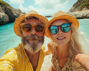 Senior Couple in Retro Sunglasses Enjoying a Tropical Beach Vacation, A Romantic Getaway for Seniors, Adventure, Relaxation, and Fun in Paradise