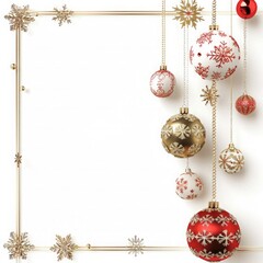 Wall Mural - Beautiful Christmas greeting background with Christmas gold and red balls with snowflakes on a white background. Square poster, greeting card, Xmas Greeting card