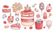 © Ludmila - Holiday collection. Bouquet of flowers chamomile, birthday cake with candles and strawberries, cupcakes, gift, ice cream and balloon. Isolated festive items. Vector illustration.