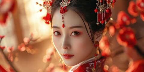 Beautiful woman in the goddess ancient china beauty style background, ai generated