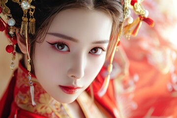 Beautiful woman in the goddess ancient china beauty style background, ai generated