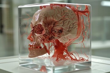 Poster - Detailed anatomical model of a human skull is displayed, showing the intricate network of blood vessels supplying the brain