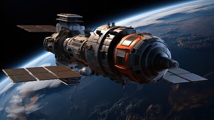 Wall Mural - cargo space craft earth planet.dark background. sci-fi wallpaper.space station orbiting earth.space 