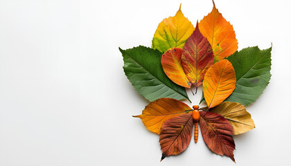 colorful autumn leaf butterfly with wings made of leaves on white background.