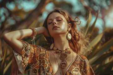 Pretty model in exotic location, wearing bohemian outfit and accessories with natural makeup. Generative AI