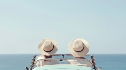 A couple in a stylish car with hats enjoys a serene road trip along the beach, experiencing romance and bliss as they escape to the seaside under the sunset.