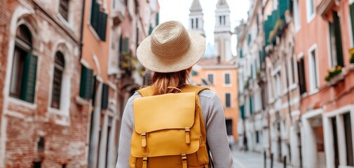 A traveler with a backpack and hat explores the streets of Italy, embracing adventure, tourism, and discovery in a vibrant city backdrop