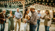 © David - Couple enjoys a romantic dance under string lights at a lively outdoor gathering at night