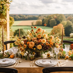 Wall Mural - Autumn table scape, autumnal dinner table setting, holiday tablescape for wedding, birthday or party event celebration, post-processed, generative ai