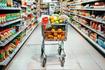 Full shopping cart in supermarket aisle Full shopping cart in supermarket. Shopping cart with heap of various groceries in grocery store aisle. shop stock pictures