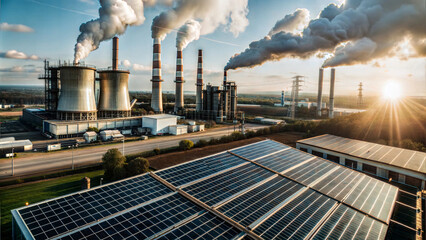 Renewable energy transition with solar panels and power plants at sunset in an industrial area