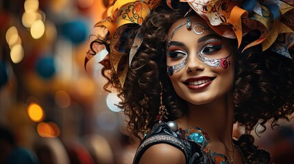 Canvas Print - Carnival, festival and party. Joyful woman in carnival mask at a festive parade with confetti. 