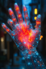Wall Mural - a hand made of wires and lights is shown in a city setting. the hand is red and blue, and it is a ro