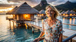 © David - Woman smiling by overwater bungalows at sunset in a tropical paradise with mountains and calm waters