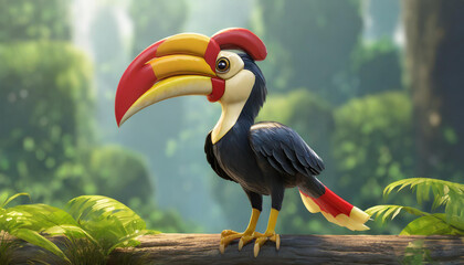 3d rendering a hornbill standing over nature background, character cartoon