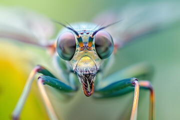 Blue grasshopper closeup portrait. Generative AI