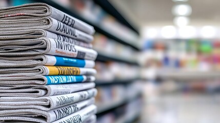 a stack of newspapers on a newsstand, with bold headlines catching the eye